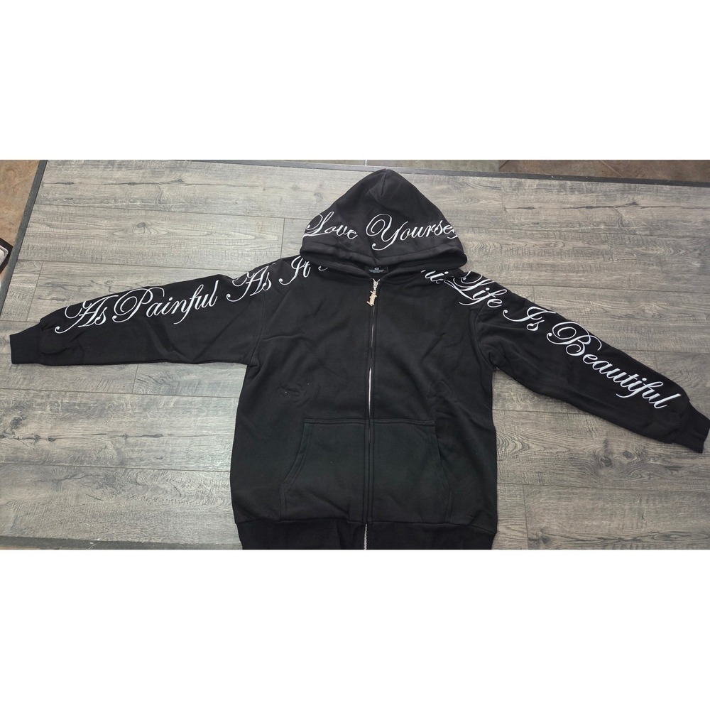 Phora Yours Truly Love Yourself Zip Up Hoodie Black L Embroidered Streetwear NWT